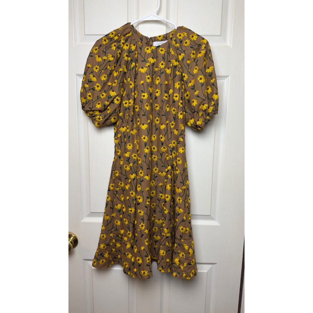 Pearl by Lela Rose Brown Floral Embroidered Puff Sleeve Midi Dress Size 4
